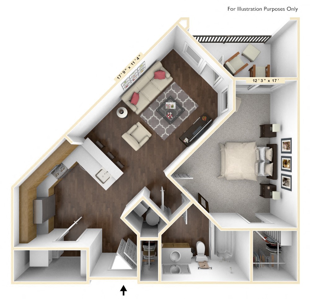 Floor plan for 1 bed, 1 bath, 729 sqft
